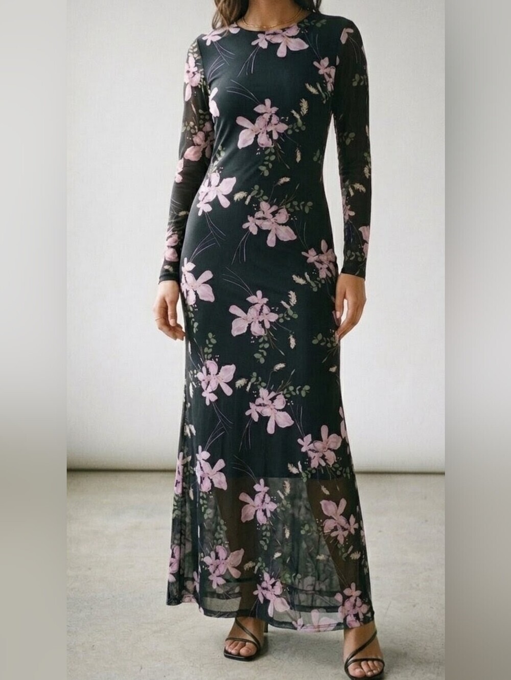 Floral Mesh Maxi Dress Long Sleeve Sheer Overlay Bodycon Black Pink - Size Small